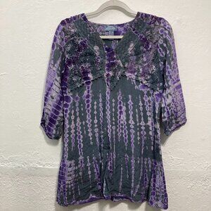 Studio West Tie Dye Tunic Top Lace Crochet Trim Babydoll Purple Fairy PM